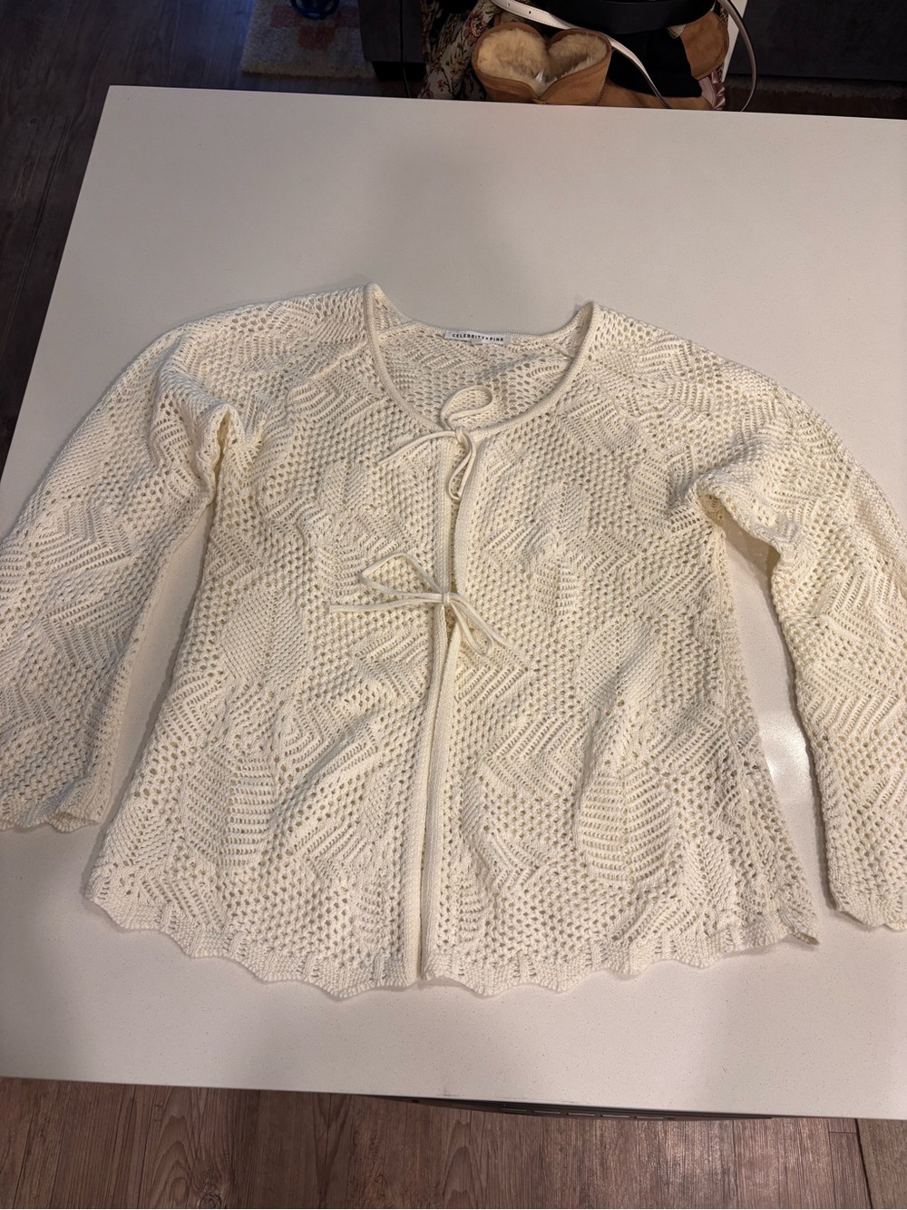 Celebrity Pink Cream Open-Knit Tie-Front Bell Sleeve Cardigan